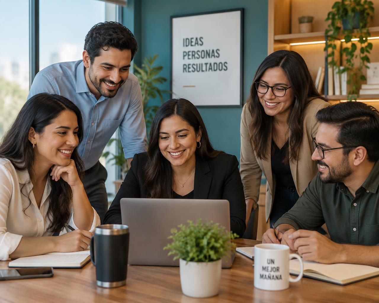 Equipo de trabajo colaborando con sonrisas